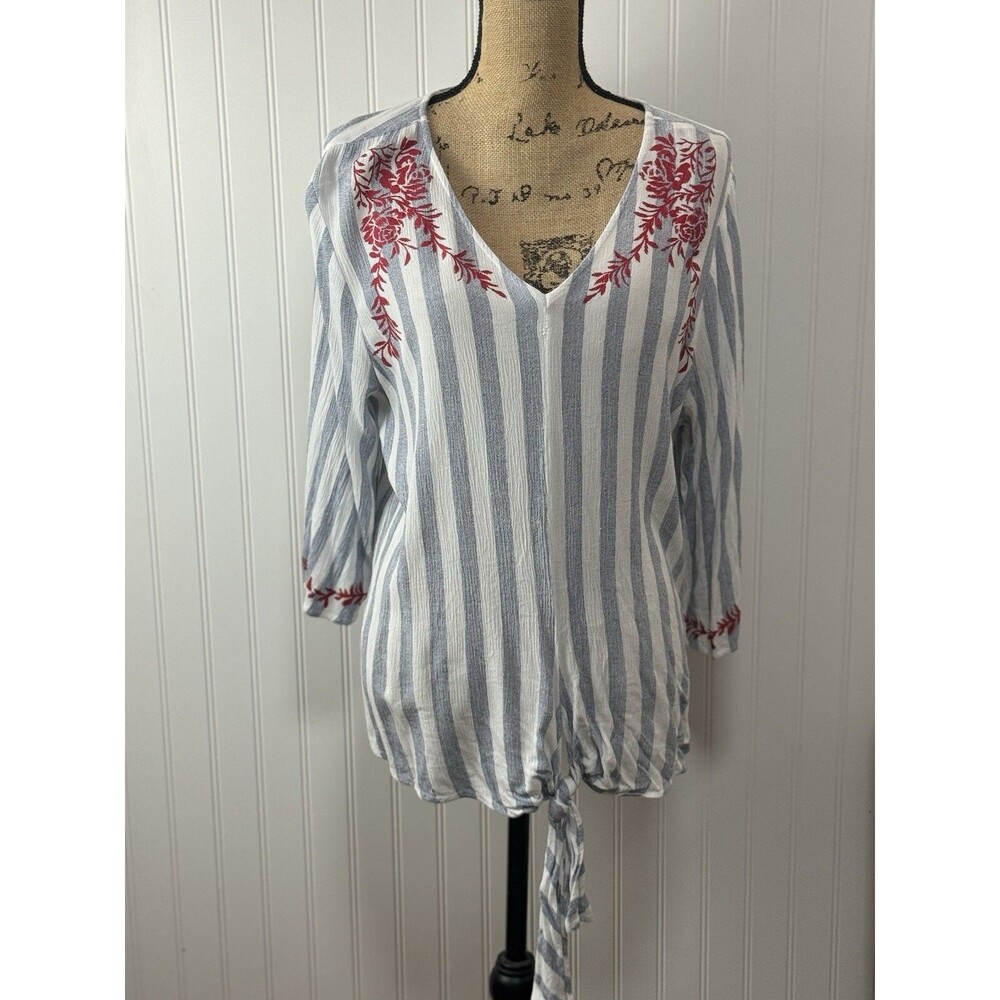 Signature Studio Plus Sz 1X Women's Shirt 3/4 Sleeve Top Stripe Embroidered